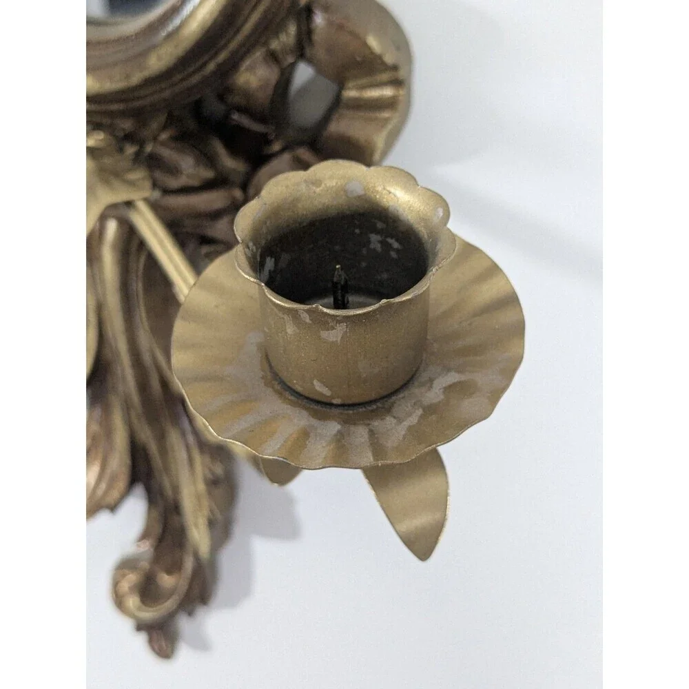 Vintage Italian Giltwood Bow Top Botanical Decor Mirror Two Candle Wall Sconce